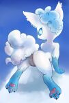  3_toes alolan_form alolan_vulpix big_tail blue_background blue_claws blue_eyelashes blue_hair blue_sclera brown_nose butt claws colono eyelashes featureless_crotch feet female feral fluffy fluffy_hair fluffy_tail fur hair nintendo pawpads pink_pawpads pokemon pokemon_(species) regional_form_(pokemon) simple_background snow solo tail toes white_body white_ears white_eyes white_fur white_tail 