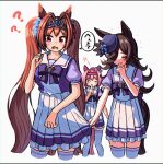  3girls ? animal_ears appleq black_hair blue_flower blue_headwear blue_rose blush_stickers bow brown_hair closed_eyes closed_mouth commentary_request cropped_legs daiwa_scarlet_(umamusume) ear_bow fang flower hair_over_one_eye hairband haru_urara_(umamusume) hat hat_flower highres horse_ears horse_girl horse_tail long_hair multiple_girls one_eye_closed open_mouth pink_hair pleated_skirt ponytail puffy_short_sleeves puffy_sleeves purple_bow purple_eyes purple_shirt red_hairband rice_shower_(umamusume) rose school_uniform shirt short_sleeves simple_background skirt skirt_grab tail thighhighs tilted_headwear tracen_school_uniform translation_request twintails umamusume very_long_hair white_background white_bow white_skirt white_thighhighs 