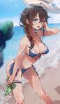  1girl beach blue_eyes blush breasts brown_hair cleavage feet_out_of_frame hair_between_eyes hat highres holding holding_water_gun kantai_collection large_breasts long_hair nsvel ocean official_alternate_costume open_mouth ruohire9 shigure_(kancolle) shigure_kai_san_(kancolle) solo straw_hat thigh_strap water_gun 