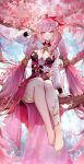  1girl ahoge anklet bare_legs barefoot branch breasts cherry_blossoms cleavage closed_mouth dress elysia_(herrscher_of_human:ego)_(honkai_impact) elysia_(honkai_impact) feet flower full_body hair_flower hair_ornament highres honkai_(series) honkai_impact_3rd in_tree jewelry long_hair long_sleeves looking_at_viewer official_alternate_costume outdoors pink_eyes pink_hair pointy_ears shuiyinzijun sitting sitting_in_tree sky smile solo toes tree twintails very_long_hair 