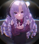  1girl bare_shoulders drill_hair expressionless fisheye holding holding_phone hyakumantenbara_salome lens_flare long_hair looking_at_viewer mamyouda nijisanji phone pink_hair pov purple_eyes red_nails red_sweater solo sparkling_eyes sweater very_long_hair 
