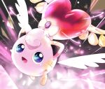  asakirirokuyu blue_eyes crystal flying full_body heart jigglypuff light_particles looking_at_viewer no_humans open_mouth pink_ribbon pokemon pokemon_(creature) ribbon signature smile terastallization tongue wings 