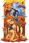  2016 accessory applejack_(mlp) autumn blonde_hair blue_body blue_feathers blue_fur chest_tuft clothing cutie_mark digital_media_(artwork) duo earth_pony equid equine feathered_wings feathers female feral friendship_is_magic fur furgonomics green_eyes hair hair_accessory hasbro hat headgear headwear hi_res horse knifedragon leaf mammal multicolored_hair multicolored_tail my_little_pony orange_body orange_fur pegasus pink_eyes plant pony rainbow_dash_(mlp) rainbow_hair rainbow_tail sitting smile tail tail_accessory tree tuft wings 