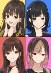  4girls :d aoyama_yoshino black_hair blonde_hair blue_background blue_nails bocchi_the_rock! brown_eyes brown_hair chain_earrings colored_inner_hair earrings grey_eyes grin hands_on_own_face hasegawa_ikumi highres jewelry kanaria_hisagi long_hair mizuno_saku multicolored_hair multiple_girls nail_polish pink_background pink_hair real_life red_background red_hair ring short_hair smile streaked_hair suzushiro_sayumi teeth upper_body upper_teeth_only voice_actor yellow_background yellow_nails 