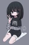  1girl absurdres artist_name bandaid bandaid_on_leg black_eyes black_hair black_shirt blunt_bangs choker closed_mouth grey_hair hair_ornament highres kanikan kneehighs long_hair long_sleeves original pink_bandaid shirt simple_background sitting socks solo t-shirt v wariza white_socks 