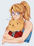  1girl aiphelix blonde_hair blue_eyes earrings edward_elric fullmetal_alchemist highres holding holding_stuffed_toy jewelry long_hair looking_at_viewer objectification ponytail round_eyewear simple_background smile stuffed_animal stuffed_lion stuffed_toy upper_body winry_rockbell 