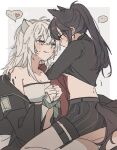  2girls animal_ears arknights bare_shoulders bite_mark bite_mark_on_neck bite_mark_on_shoulder black_hair black_jacket black_shirt blush breasts cleavage closed_mouth crop_top ear_piercing grey_eyes grey_hair hair_between_eyes jacket lappland_(arknights) long_hair looking_at_another medium_breasts midriff multiple_girls off_shoulder open_clothes open_jacket orange_eyes oripathy_lesion_(arknights) parted_lips piercing ponytail seri_(vyrlw) shirt shorts simple_background sitting sitting_on_lap sitting_on_person smile stomach sweat sweatdrop tail texas_(arknights) tongue tongue_out white_background wolf_ears wolf_girl wolf_tail yuri 