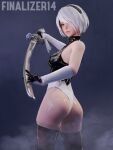  1girl 3d artist_name ass bare_shoulders black_hairband black_thighhighs blue_eyes boots breasts commentary elbow_gloves fog gloves hairband highres holding holding_sword holding_weapon katana latex leotard lips mole mole_under_mouth nautilic nier:automata nier_(series) no_blindfold shiny_clothes shiny_skin short_hair simple_background solo sword thighhighs thighhighs_under_boots thong_leotard turtleneck virtuous_contract weapon white_hair white_leotard yorha_no._2_type_b 