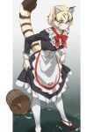 1girl animal_ear_fluff animal_ears apron blonde_hair brown_footwear brown_hair bucket cat_ears cat_girl cat_tail commentary extra_ears frills hair_between_eyes highres japari_symbol kemono_friends kemono_friends_3 leaning_forward long_sleeves looking_at_viewer maid multicolored_hair neck_ribbon official_alternate_costume pantyhose red_ribbon ribbon sand_cat_(kemono_friends) shoes short_hair skirt_hold solo spill striped_tail tail tanabe_(fueisei) waist_apron water white_hair white_pantyhose wooden_bucket yellow_eyes 