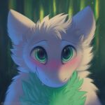  1:1 2023 abstract_background ambiguous_gender anthro big_eyes blush blush_lines bust_portrait cheek_tuft chest_tuft dated dragon facial_tuft fangs front_view fur furred_dragon green_body green_fur head_tuft hi_res male_(lore) mylafox portrait shoulder_tuft signature solo teeth tuft white_body white_fur 