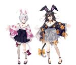  2girls :d absurdres animal_ears bell black_collar black_hair cat_ears cat_hair_ornament cat_tail chest_sarashi collar detached_leggings fang fang_out floral_print hair_between_eyes hair_ornament hair_over_one_eye hakama hakama_short_skirt hakama_skirt hasumi_(hasubatake39) highres japanese_clothes kimono kneehighs kuon_(hasumi_(hasubatake39)) long_hair multiple_girls neck_bell original pink_eyes print_kimono sandals sarashi setsuna_(hasumi_(hasubatake39)) single_kneehigh single_sock single_thighhigh skirt smile socks tail thighhighs very_long_hair white_hair yellow_eyes 