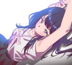  1girl andrian_januar_adilia armpits arms_up black_hair black_skirt blue_eyes closed_mouth collarbone dutch_angle english_commentary gridman_universe hair_flowing_over long_hair looking_at_viewer pleated_skirt shirt short_sleeves skirt solo ssss.gridman strap takarada_rikka upper_body white_shirt 