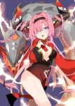  1girl :p azur_lane black_hairband blush braid breasts china_dress chinese_clothes dress hair_on_horn hair_over_one_eye hairband highres holding_fireworks jacket large_horns long_hair long_sleeves looking_at_viewer medium_breasts non-humanoid_robot nyo24n official_alternate_costume pink_hair prinz_rupprecht_(azur_lane) prinz_rupprecht_(the_gate_dragon_advent)_(azur_lane) purple_eyes red_jacket robot robot_dragon smoke solo tongue tongue_out twin_braids 