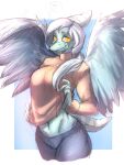  &lt;3 5_fingers amber_(gem) amber_(material) amber_eyes anthro blue_body blue_bottomwear blue_clothing blue_feathers blue_pants blue_scales bone_frill border bottomwear breasts clothed clothing colored daddyvap fang_(gvh) feathered_wings feathers female fingers frill_(anatomy) glint goodbye_volcano_high hair hi_res jewelry long_hair looking_at_viewer markings midriff necklace pants pendant pink_clothing pink_sweater pink_topwear pterodactylus pterosaur raised_clothing raised_sweater raised_topwear reptile scales scalie shaded short_tail silver_hair simple_background smile snoot_game snout solo speech_bubble spread_wings striped_markings striped_tail stripes sweater sweater_lift tail tail_markings tendocake topwear white_body white_border white_feathers wings 