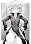  1girl :o ass_visible_through_thighs blush breasts check_commentary commentary commentary_request curly_hair dress flipped_hair greyscale hair_between_eyes hands_on_own_hips highres looking_at_viewer mogudan monochrome narrow_waist one-punch_man panties parted_lips partially_visible_vulva short_hair small_breasts solo standing straight-on tatsumaki thigh_gap thong underwear wide_hips 
