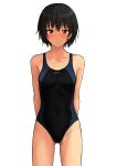  1girl absurdres amagami black_hair black_one-piece_swimsuit blush breasts collarbone competition_swimsuit cowboy_shot highres itsuki_nofuji looking_at_viewer nanasaki_ai one-piece_swimsuit purple_eyes short_hair simple_background small_breasts solo standing swimsuit tan white_background 