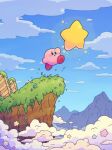  :d arm_up blue_eyes blue_sky blush blush_stickers cliff cloud commentary_request day flower grass harukui highres jumping kirby kirby_(series) mountain no_humans open_mouth outdoors sky smile solo star_(symbol) warp_star 