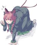  1girl animal_ears cat_ears cat_tail commentary_request dress from_above green_dress hair_between_eyes hair_ribbon hand_up highres juliet_sleeves kaenbyou_rin long_hair long_sleeves mirufui multiple_tails nekomata open_mouth paw_pose puffy_sleeves red_eyes red_hair ribbon sketch solo tail teeth touhou tress_ribbon two_tails upper_teeth_only 