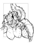  2023 anthro areola bethesda_softworks big_breasts biped black_and_white breasts claws deathclaw digital_media_(artwork) fallout female horn monochrome nipples non-mammal_breasts non-mammal_nipples scalie simple_background solo toe_claws white_background yamabat yamagah 