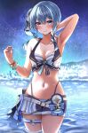  1girl absurdres arm_up bikini bikini_under_clothes bikini_under_shorts blue_bikini blue_eyes blue_hair blue_shorts breasts grin highres hololive hololive_summer_2023_swimsuit hoshimachi_suisei looking_at_viewer navel ocean pepushi_drow shorts sky small_breasts smile solo star_(sky) starry_sky stomach swimsuit thigh_strap virtual_youtuber wading water wet 