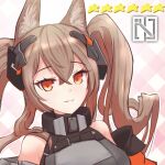  1girl angelina_(arknights) angelina_(endfield)_(arknights) animal_ears arknights arknights:_endfield bare_shoulders brown_hair crossed_bangs diamond-shaped_pupils diamond_(shape) fox_ears grey_shirt hair_between_eyes highres kelsuis long_hair looking_at_viewer orange_eyes portrait shirt smile solo symbol-shaped_pupils twintails 