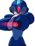  1boy arm_cannon armor attack body_armor bodystocking boots fighting_stance forehead_jewel gauntlets glaring gloves glowing glowing_eye green_eyes helmet looking_at_viewer male_focus mega_man_(series) mega_man_x_(series) phfr3843 shoulder_armor weapon white_background x_(mega_man) 