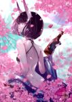  1girl back bare_shoulders bob_cut bottle breasts cherry_blossoms eyeliner fate/grand_order fate_(series) highres horns japanese_clothes kimono long_sleeves looking_at_viewer looking_back makeup nekomimipunks off_shoulder oni oni_horns petals purple_eyes purple_hair purple_kimono revealing_clothes sake_bottle short_hair shuten_douji_(fate) skin-covered_horns small_breasts smile solo wide_sleeves 
