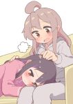  2girls :d =3 ahoge black_hair blush brown_eyes commentary_request couch embarrassed grey_hair grey_hoodie grey_pants hair_down hatafuta highres hood hood_down hoodie lap_pillow long_hair long_sleeves looking_at_another lying multicolored_hair multiple_girls on_side onii-chan_wa_oshimai! open_mouth oyama_mahiro oyama_mihari pajamas pants pink_pajamas purple_hair siblings simple_background sisters sitting smile streaked_hair two-tone_hair white_background 