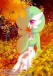  1girl artist_name autumn autumn_leaves blurry blurry_foreground blush breasts colored_skin commentary covering_mouth cowboy_shot dappled_sunlight day edna_faline email_address english_commentary gardevoir green_hair green_skin hair_over_one_eye hand_up holding holding_leaf leaf light_particles looking_at_viewer maple_leaf medium_breasts multicolored_skin one_eye_covered orange_background outdoors pixiv_id pokemon pokemon_(creature) red_eyes short_hair solo standing sunlight tree twitter_username two-tone_skin watermark web_address white_skin 