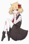  1girl black_dress blonde_hair blush dress hair_ribbon highres legs_folded long_sleeves looking_at_viewer looking_to_the_side necktie pantyhose red_necktie ribbon rumia shirt shone short_hair simple_background sleeveless sleeveless_dress smile solo touhou white_pantyhose white_shirt 