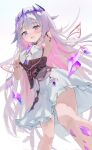  1girl arm_behind_head armpits breasts colored_inner_hair crystal dress gem highres hololive hololive_english knees koseki_bijou long_hair looking_at_viewer multicolored_hair nimiru_namire open_mouth purple_eyes purple_hair thighs very_long_hair white_dress wings 