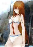  1girl bare_shoulders bra breasts bright_pupils brown_hair chark14 closed_mouth cowboy_shot expressionless highres huke_(style) long_hair makise_kurisu medium_breasts navel necktie official_style panties purple_eyes red_necktie signature solo steins;gate thighs underwear very_long_hair white_bra white_panties white_pupils 