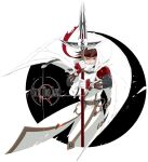  1boy arc_the_lad arc_the_lad_ii bandana black_hair cape closed_mouth copyright_name elc_(arc_the_lad) gloves highres hood hoodie looking_at_viewer male_focus polearm protected_link red_eyes save_scene_a short_hair solo spear weapon white_background white_cape white_hoodie 
