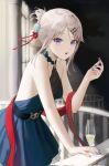  1girl 9a-91_(girls&#039;_frontline) :o alternate_costume arm_support backless_dress backless_outfit bare_shoulders belt blue_belt blue_dress blue_eyes blue_nails blush champagne_flute collarbone commentary cowboy_shot cup dress drinking_glass flower girls&#039;_frontline hair_bun hair_flower hair_ornament hair_ribbon hairclip highres holding holding_jewelry holding_ring jewelry kir_(khw66136132) looking_at_viewer nail_polish night outdoors parted_bangs red_ribbon ribbon ring sidelocks solo white_hair 
