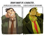  1boy ace_attorney bandaid bandaid_on_cheek bandaid_on_face bara coat collared_shirt cropped_torso dick_gumshoe draw_fanart_challenge goatee_stubble green_coat hand_on_own_head looking_at_viewer male_focus mature_male mr_kasuy necktie official_style receding_hairline red_necktie shirt short_hair sideburns thick_eyebrows 
