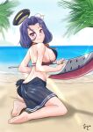  1girl akashieru artist_logo ass barefoot beach bikini black_bikini black_sarong blue_sky cloud day from_behind glaive_(polearm) hair_between_eyes halo highres horizon kantai_collection looking_at_viewer mechanical_halo ocean official_alternate_costume one-hour_drawing_challenge outdoors purple_eyes purple_hair sarong short_hair sky smile solo swimsuit tatsuta_(kancolle) 