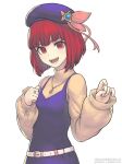  1girl arima_kana belt blue_headwear bob_cut gofelem happy hat inverted_bob jewelry looking_at_viewer necklace open_mouth oshi_no_ko red_eyes red_hair ring short_hair smile sweater white_background 