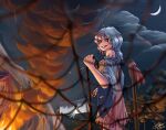  1girl absurdres blue_sleeves cleaver cloud cloudy_sky crescent dress english_commentary evil_grin evil_smile fire grey_hair grin highres hippppodraw holding holding_knife holding_weapon knife long_hair moon multicolored_clothes multicolored_dress night night_sky orange_dress outdoors red_eyes sakata_nemuno signature sky smile solo teeth touhou wavy_hair weapon yellow_dress 