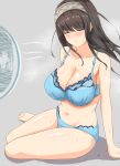  1girl absurdres bare_legs bare_shoulders blue_bra blue_panties blush bra breasts brown_hair cleavage closed_eyes collarbone electric_fan floating_hair grey_background grey_hairband hairband highres idolmaster idolmaster_cinderella_girls large_breasts navel panties sagisawa_fumika simple_background sitting solo steam steaming_body stomach sweatdrop thighs toes underwear underwear_only wind yokozuwari zhi_(papercraft8559) 