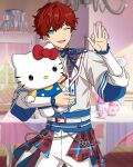  1boy :d amagi_hiiro aqua_eyes belt blue_ribbon bow cherished_cutie_(ensemble_stars!) couch cowboy_shot curtains ensemble_stars! facial_mark happy_elements hello_kitty_(character) idol kuromi looking_at_viewer male_focus neck_ribbon official_art one_eye_closed open_mouth outstretched_hand picture_frame pillow red_bow red_hair ribbon sanrio short_hair smile solo stuffed_toy table third-party_source whisker_markings window 