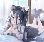  1girl :o absurdres animal_ear_fluff animal_ears aris_(blue_archive) bbul_horn black_hair black_skirt black_socks blue_archive blush cat_ears curtains fake_animal_ears feet_up hair_between_eyes halo highres indoors interlocked_fingers long_bangs long_hair looking_at_viewer lying on_bed on_stomach one_side_up own_hands_together school_uniform shirt skirt socks solo the_pose very_long_hair white_shirt 