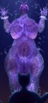  3d_(artwork) absurd_res against_surface anthro big_breasts big_butt breasts breasts_on_glass bubble butt curvy_figure digital_media_(artwork) duo eel eye_contact female fish genitals glass hi_res huge_breasts looking_at_another marine nipples nude on_glass onomatopoeia open_mouth purple_body pussy simple_background smile sound_effects surprise swimming text thick_thighs underwater water wide_hips xenolith0 
