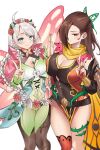  2girls absurdres ahoge asymmetrical_legwear bare_shoulders blue_eyes braid breasts brown_eyes brown_hair brown_pantyhose butterfly_hair_ornament butterfly_wings capelet closed_mouth english_commentary fairy fairy_wings fire_emblem fire_emblem_fates fire_emblem_heroes flower food_print french_braid gradient_clothes green_bracelet green_hairband grey_hair hair_ornament hair_over_one_eye hair_vines hairband harness highres insect_wings kagero_(fire_emblem) kagero_(resplendent)_(fire_emblem) large_breasts leaf_bracelet leather_belt looking_at_viewer low_twin_braids low_twintails medium_breasts multiple_girls nina_(fire_emblem) nina_(resplendent)_(fire_emblem) official_alternate_costume pantyhose parted_bangs pink_capelet pink_flower pinnn plant scarf thorns twin_braids twintails v vine_print vines watermelon_print white_flower wings yellow_scarf 