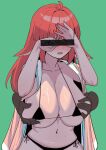  1girl absurdres ahoge animal_ears aqua_background bar_censor bikini black_bikini blush breasts censored cleavage collarbone covering_own_eyes disembodied_limb hands_up highres kaling korean_commentary large_breasts long_hair maplestory micro_bikini navel open_mouth orangewink red_hair sagging_breasts side-tie_bikini_bottom standing sweat swimsuit underboob 