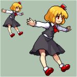  1girl ascot black_skirt black_vest blonde_hair blush_stickers bobby_socks flat_chest lowres mary_janes official_style ofuda_on_head outstretched_arms pixel_art red_eyes red_footwear rumia shirosu shirt shoes short_hair skirt socks touhou urban_legend_in_limbo vest white_shirt 
