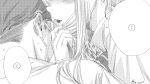  bow bowtie close-up collared_shirt commentary_request glasses greyscale hetero highres key_(kagibangou) long_hair mask mask_pull monochrome mouth_mask original parted_lips school_uniform shirt simple_background sketch skirt surgical_mask sweat whispering 