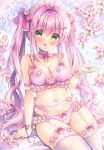  1girl :d bare_shoulders blush bow bow_bra bow_panties bra breasts cherry_blossoms cleavage commentary_request flower garter_straps green_eyes hair_between_eyes hand_up highres kouta. long_hair looking_at_viewer medium_breasts navel original panties pink_bra pink_flower pink_hair pink_panties sitting smile solo thighhighs twintails underwear underwear_only very_long_hair white_thighhighs wrist_cuffs 