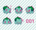  ? bright_pupils bulbasaur claws closed_eyes creature fangs heart lying mitiharumitimiti no_humans nostrils on_stomach pokemon pokemon_(creature) red_eyes striped striped_background surprised white_pupils 