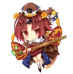  1girl benienma_(fate) bird bird_hat brown_feathers chibi closed_mouth fate/grand_order fate_(series) feathers geta hat highres holding holding_sword holding_weapon japanese_clothes long_hair low_ponytail momozakura_nanao no_nose red_eyes socks solo sparrow sword weapon white_socks 