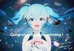  1girl artist_name blue_eyes blue_hair breasts copyright_name crying crying_with_eyes_open dated dress elbow_gloves english_commentary floating_hair gloves goodsmile_racing hatsune_miku headphones lens_flare medium_breasts oguchi racing_miku racing_miku_(2014) sleeveless sleeveless_dress solo straight-on super_gt tears vocaloid white_gloves 